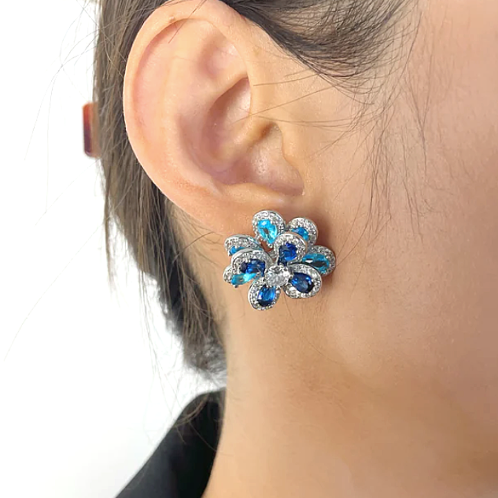 Blue Cubic Zirconia Flower Pendant Ring/Necklace/Ear Stud #B-028