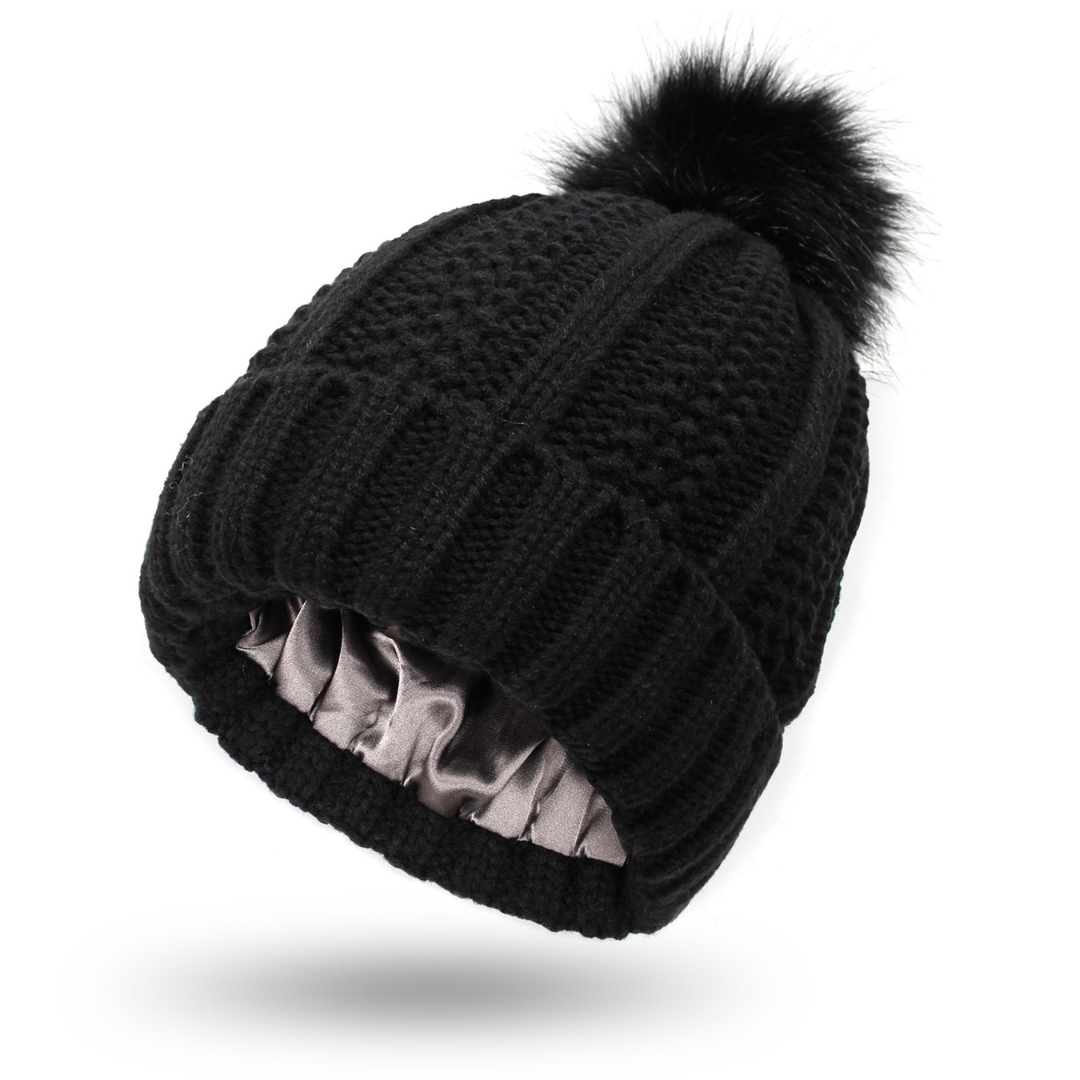 Women's Winter Knitted Beanie Hat Satin Lined with Faux Fur Pom