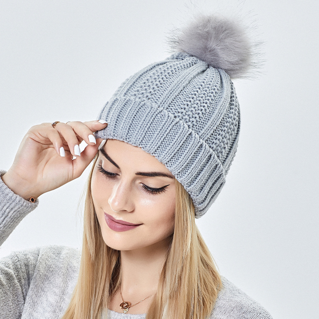 Women's Winter Knitted Beanie Hat Satin Lined with Faux Fur Pom