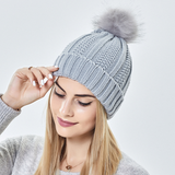Women's Winter Knitted Beanie Hat Satin Lined with Faux Fur Pom