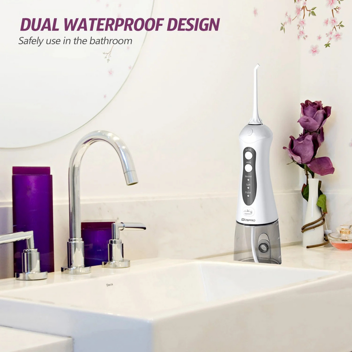 Oral irrigator placed beside sink demonstrating waterproof design safe for bathroom use.