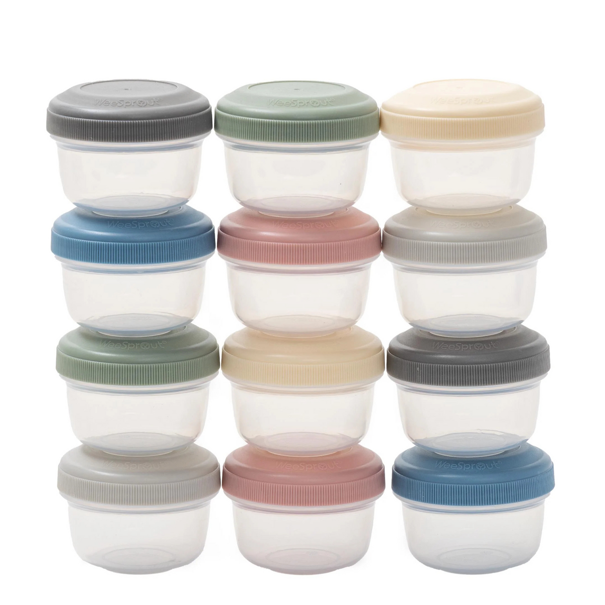 Set of 12 reusable baby food storage containers with colorful lids arranged in rows.