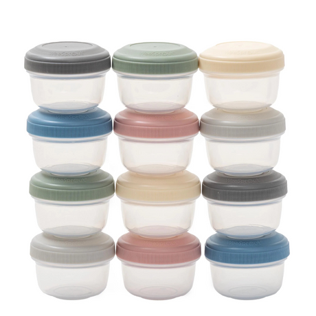 Set of 12 reusable baby food storage containers with colorful lids arranged in rows.
