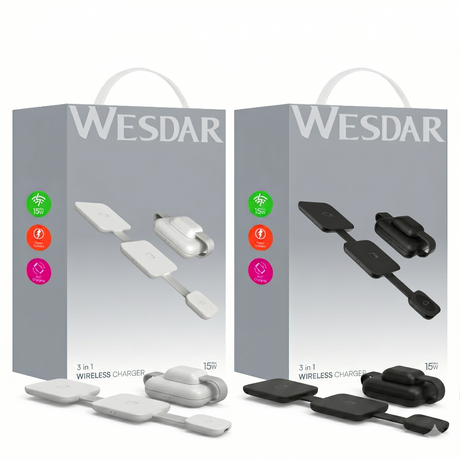 Wesdar 3 in 1 wireless charger packaging showing black and white product variants