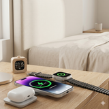 Wesdar 3 in 1 wireless charger charging phone, smartwatch, and earbuds on bedside table