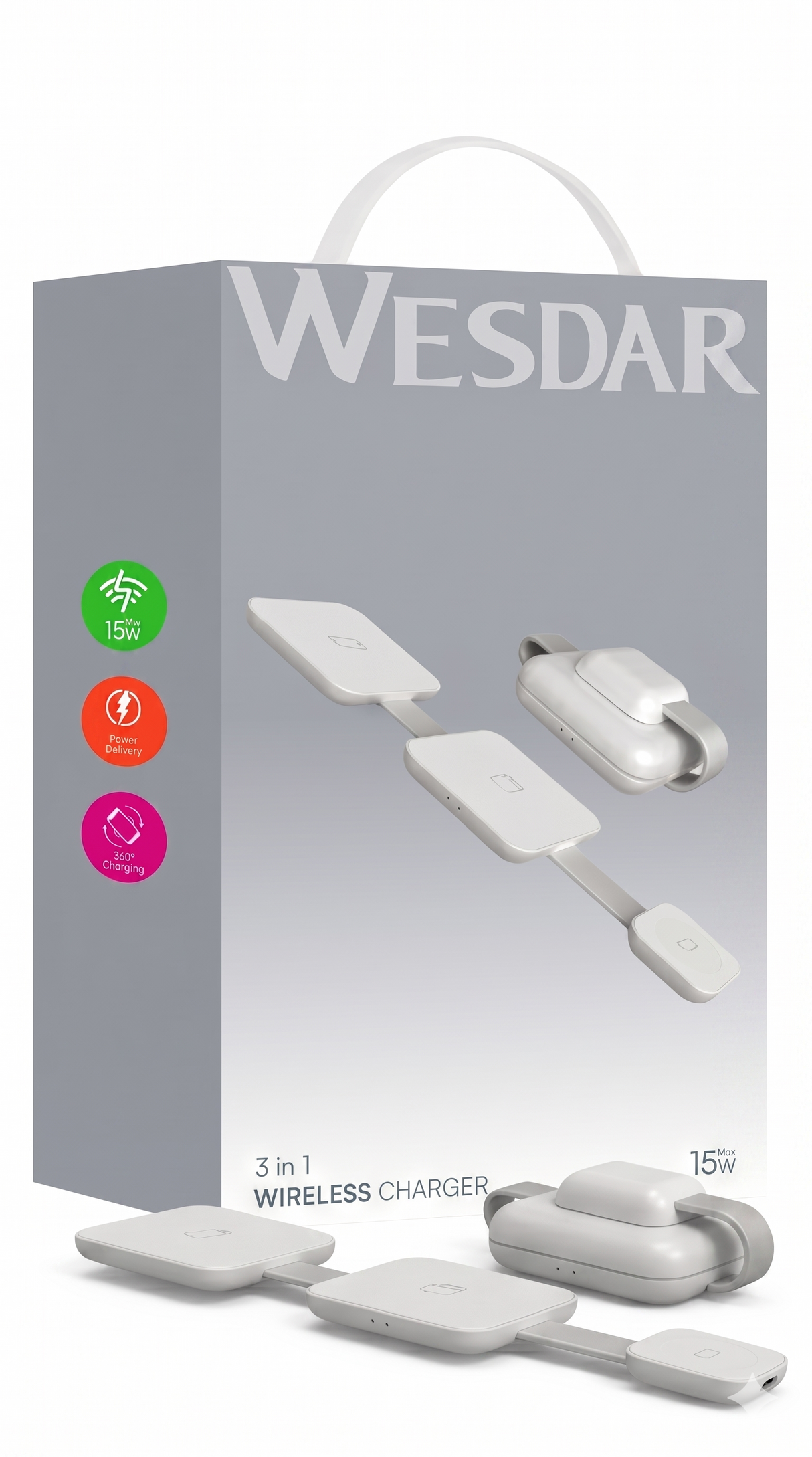 Wesdar 3 in 1 wireless charger white packaging with 15W fast charging feature