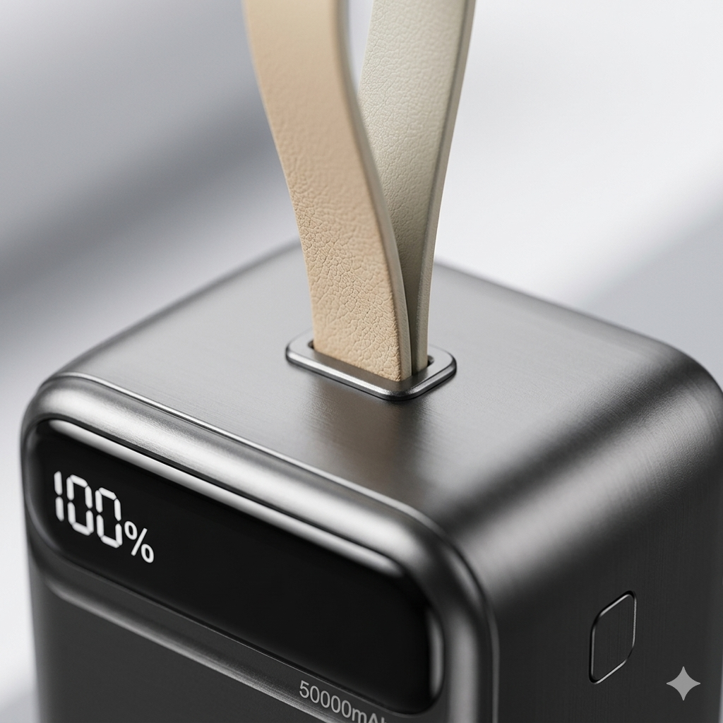 Power bank close-up showing textured strap and battery percentage display