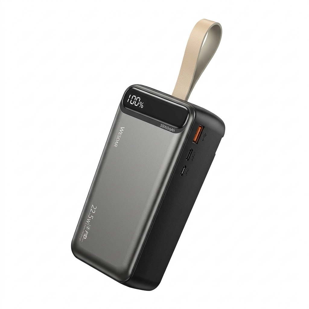 Angled view of power bank highlighting multiple ports and fast charging capability