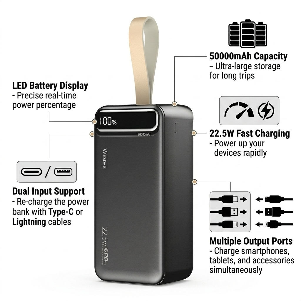 50000mAh power bank with LED display, fast charging, and multiple ports