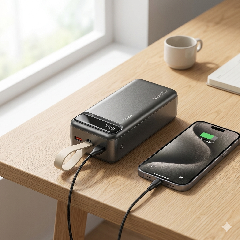 Fast charging power bank charging smartphone on wooden desk