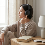 Person using Wesdar BH65 Bluetooth headphones with noise reduction in a cozy setting
