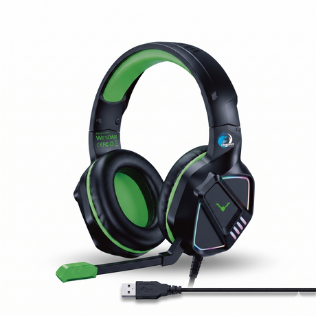 Wesdar GH235 gaming headset full view with USB cable and RGB design
