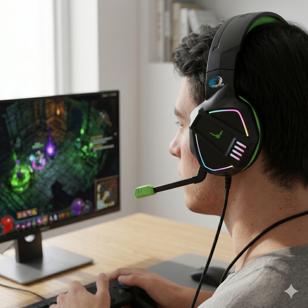 Wesdar GH235 gaming headset in use with RGB lighting and boom mic