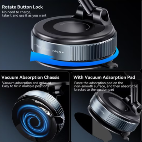 Vacuum magnetic phone mount with rotate button lock and suction base detail. Strong vacuum adsorption system for stable mounting.