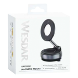 Vacuum magnetic phone mount retail box showing product and features. Packaging highlights 360 rotation and anti-shake design.