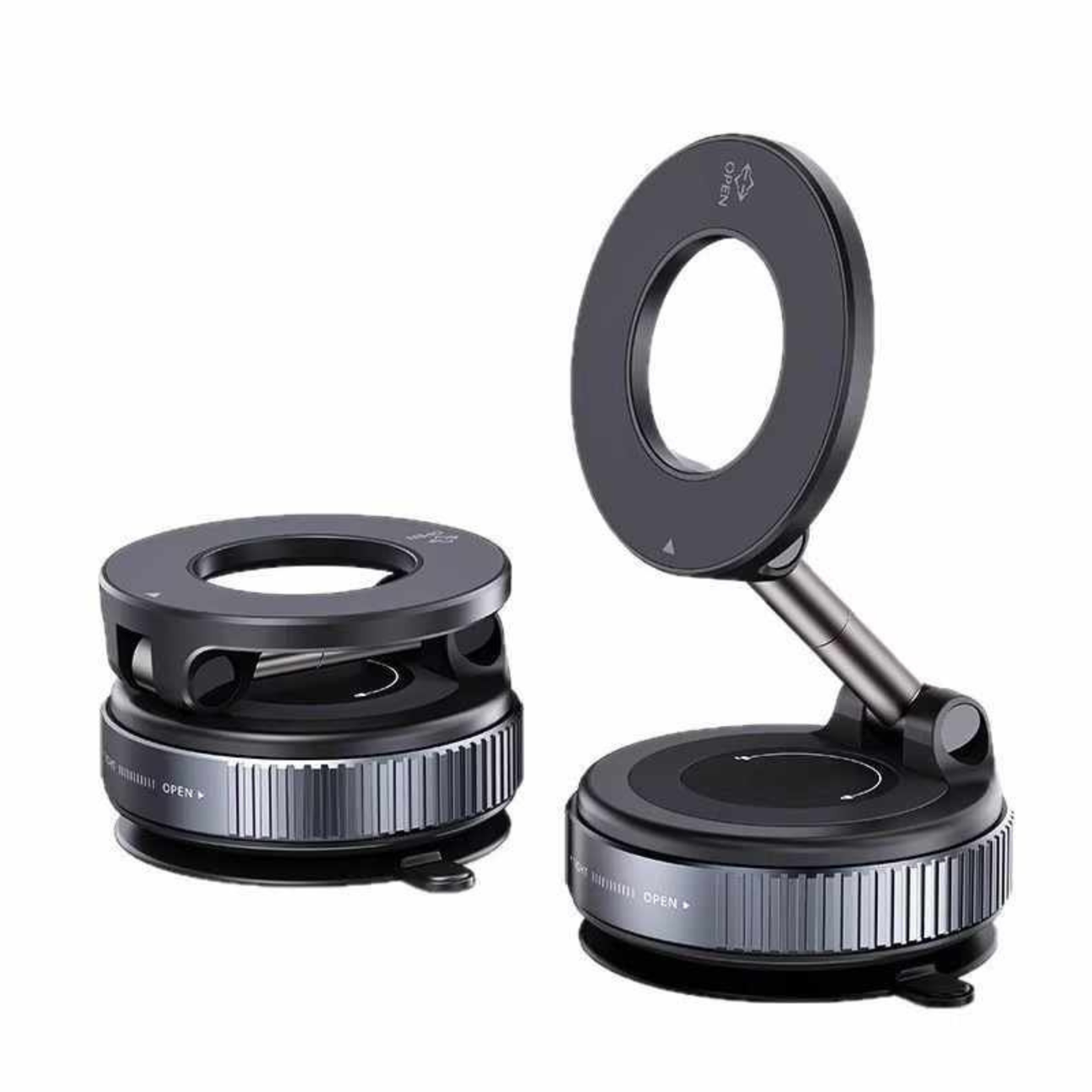 Vacuum magnetic phone mount shown folded and unfolded with adjustable arm. Compact phone holder with circular magnetic ring.