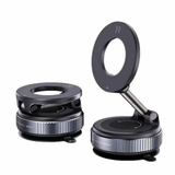 Vacuum magnetic phone mount shown folded and unfolded with adjustable arm. Compact phone holder with circular magnetic ring.