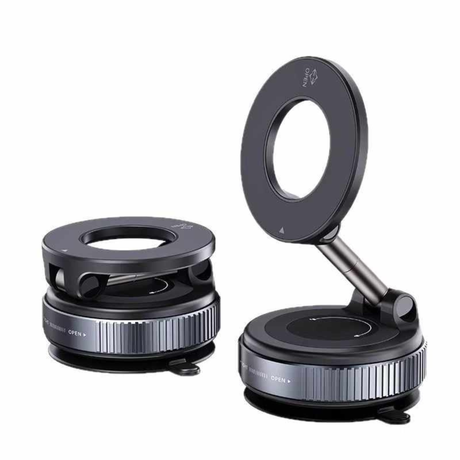 Vacuum magnetic phone mount shown folded and unfolded with adjustable arm. Compact phone holder with circular magnetic ring.