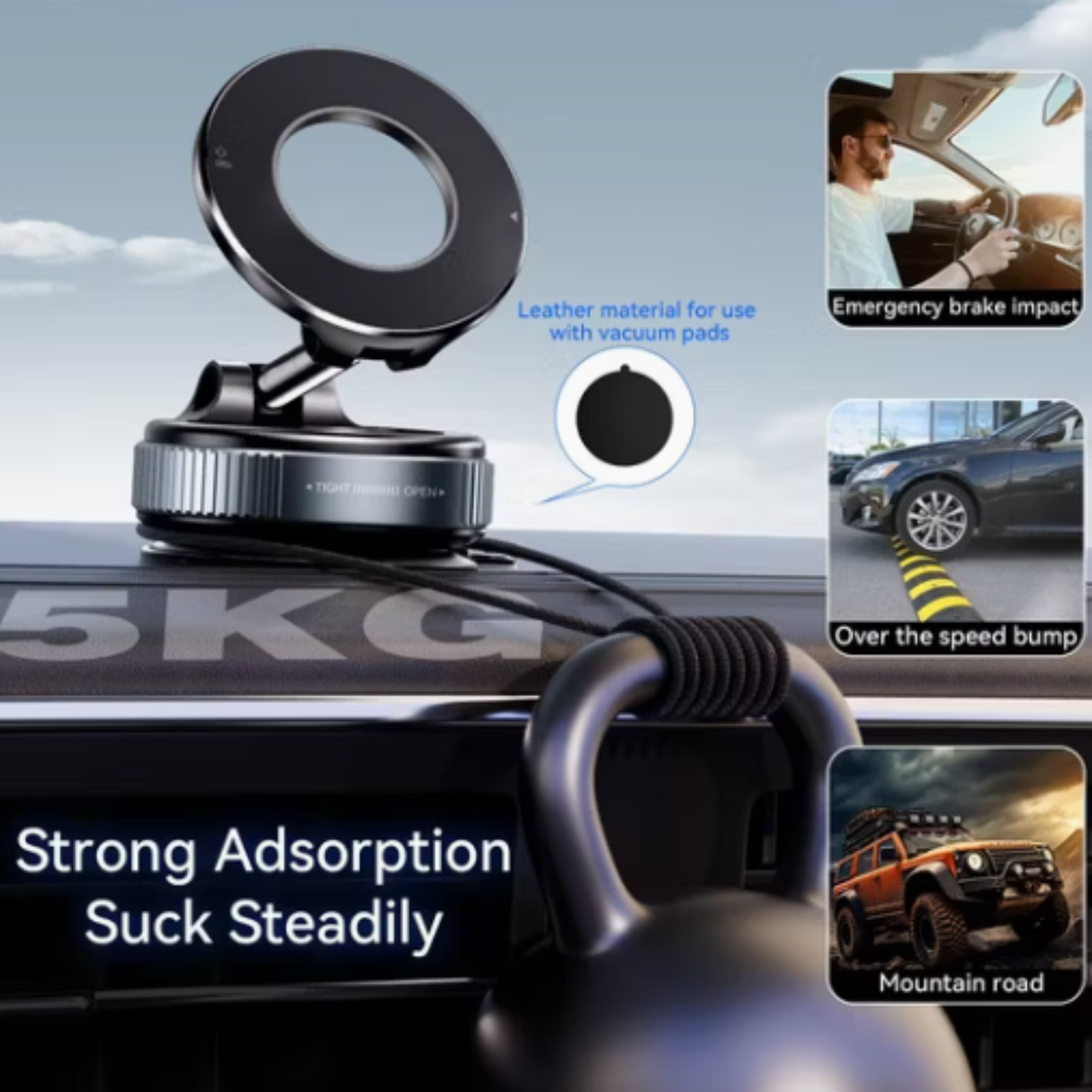 Vacuum magnetic phone mount installed on car dashboard holding weight steadily. Designed for strong suction during driving conditions.
