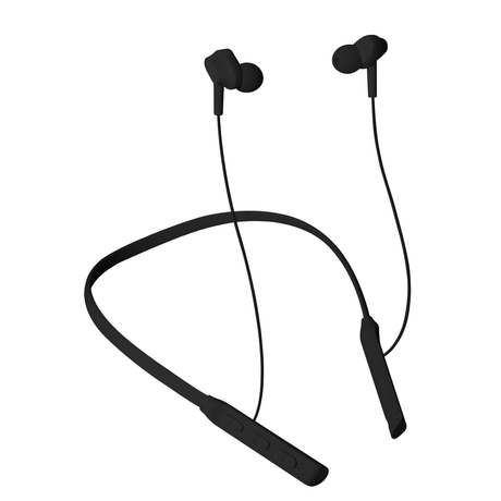 Black neckband Bluetooth earphones with flexible band and in-ear design. Wireless earphones with built-in control buttons.
