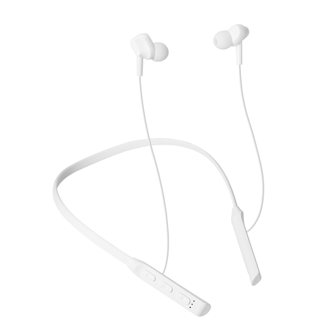 White neckband Bluetooth earphones with in-ear buds and control panel. Lightweight wireless earphones designed for daily use.