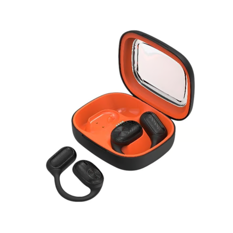 Wesdar TWS516 wireless earbuds with charging case open showing earbuds inside. Compact earbuds with secure ear hook design.