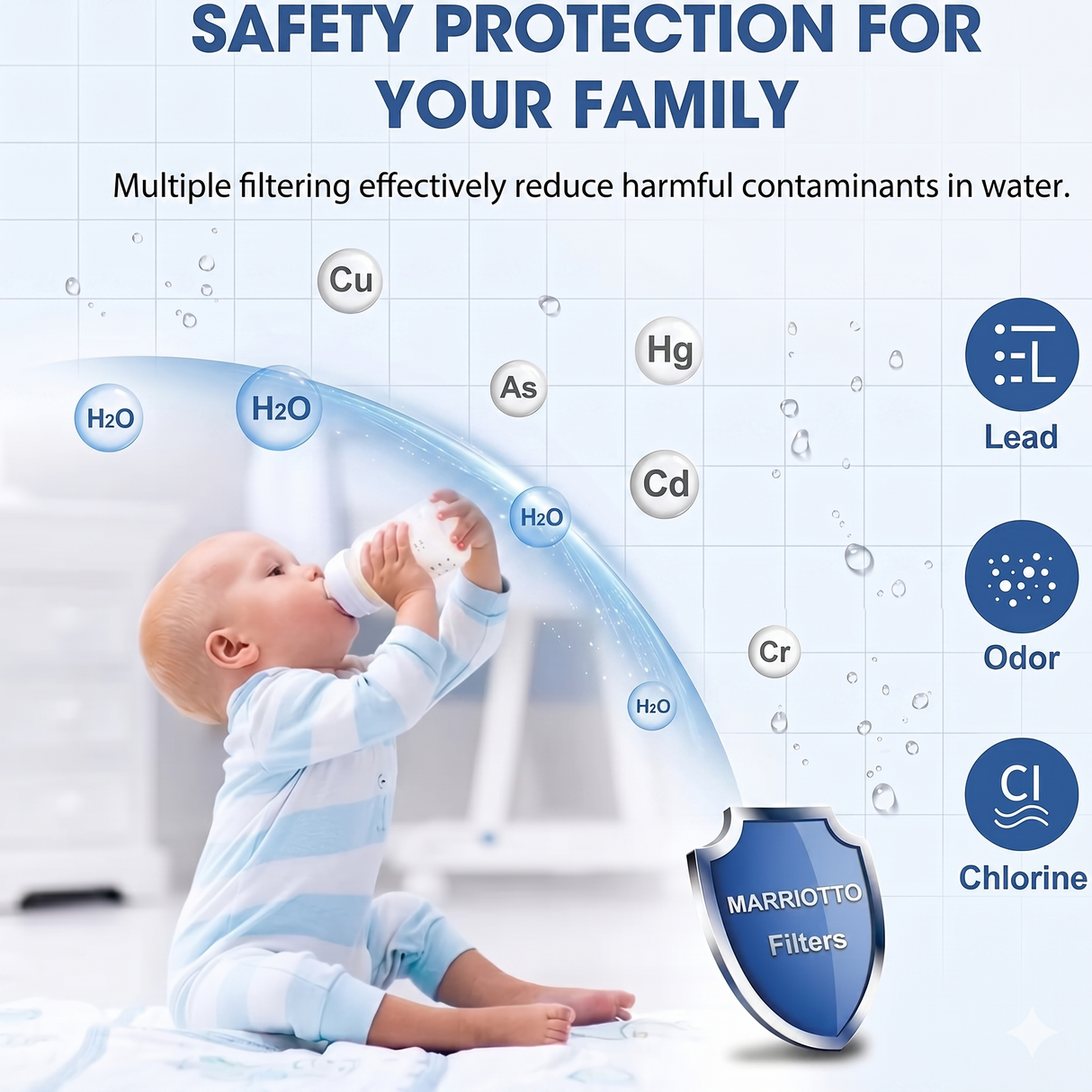 Whirlpool water filter reducing contaminants for safe drinking water illustration