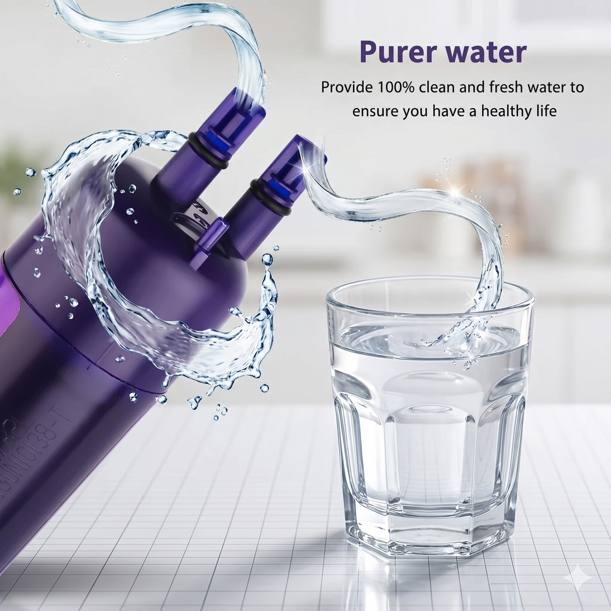 Whirlpool refrigerator water filter pouring clean water into glass usage scene