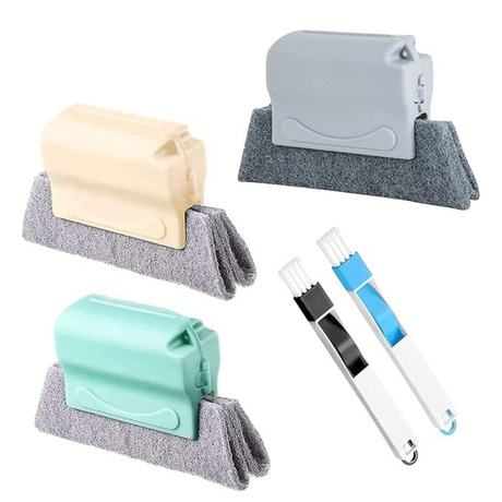 Window groove cleaning brush set with three handheld scrubbers and two detail brushes. Multiple color options with microfiber pads for effective dirt removal.