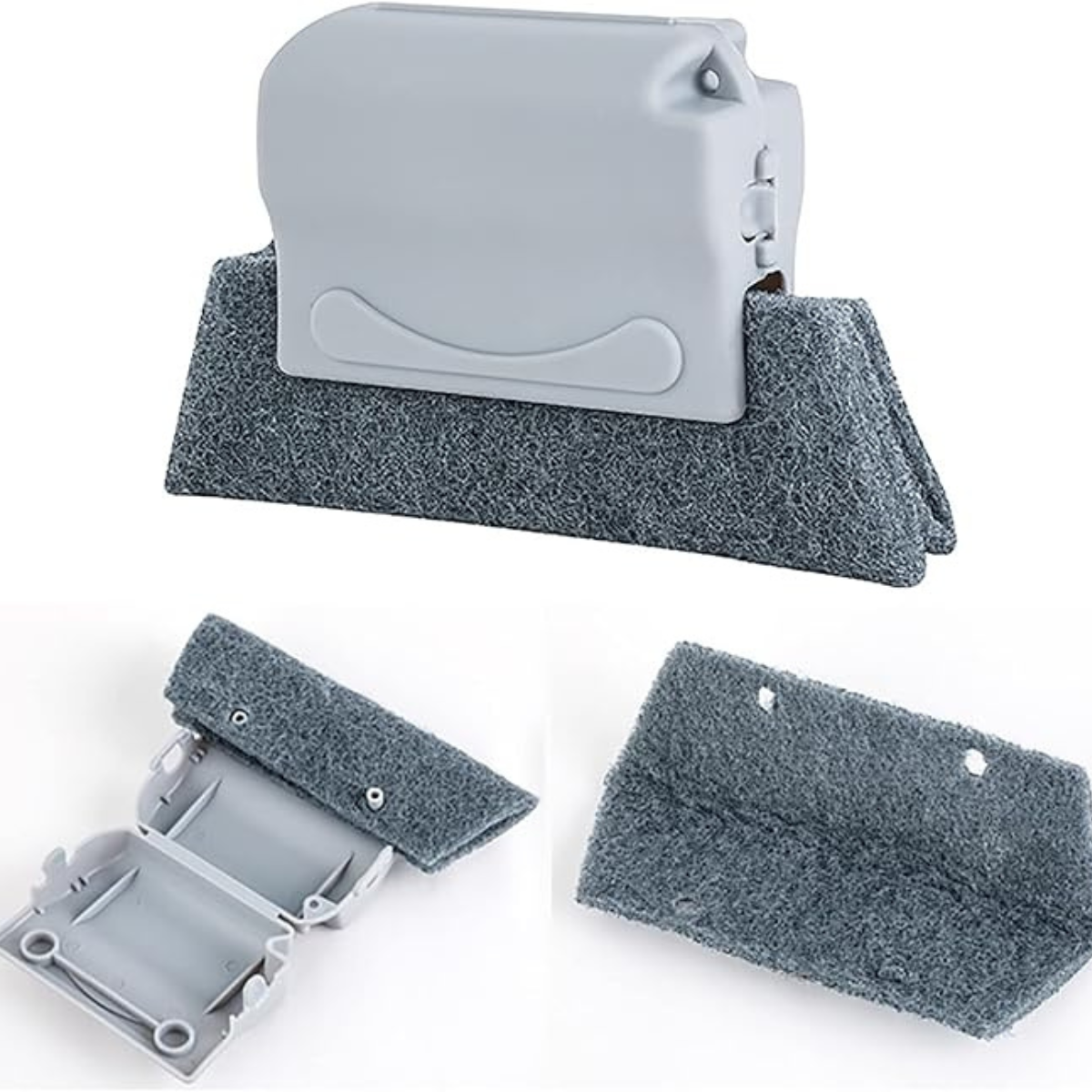 Close-up of window groove cleaning brush set showing detachable scrub pad and inner structure. Replaceable microfiber pad helps clean dirt from narrow grooves.