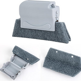 Close-up of window groove cleaning brush set showing detachable scrub pad and inner structure. Replaceable microfiber pad helps clean dirt from narrow grooves.