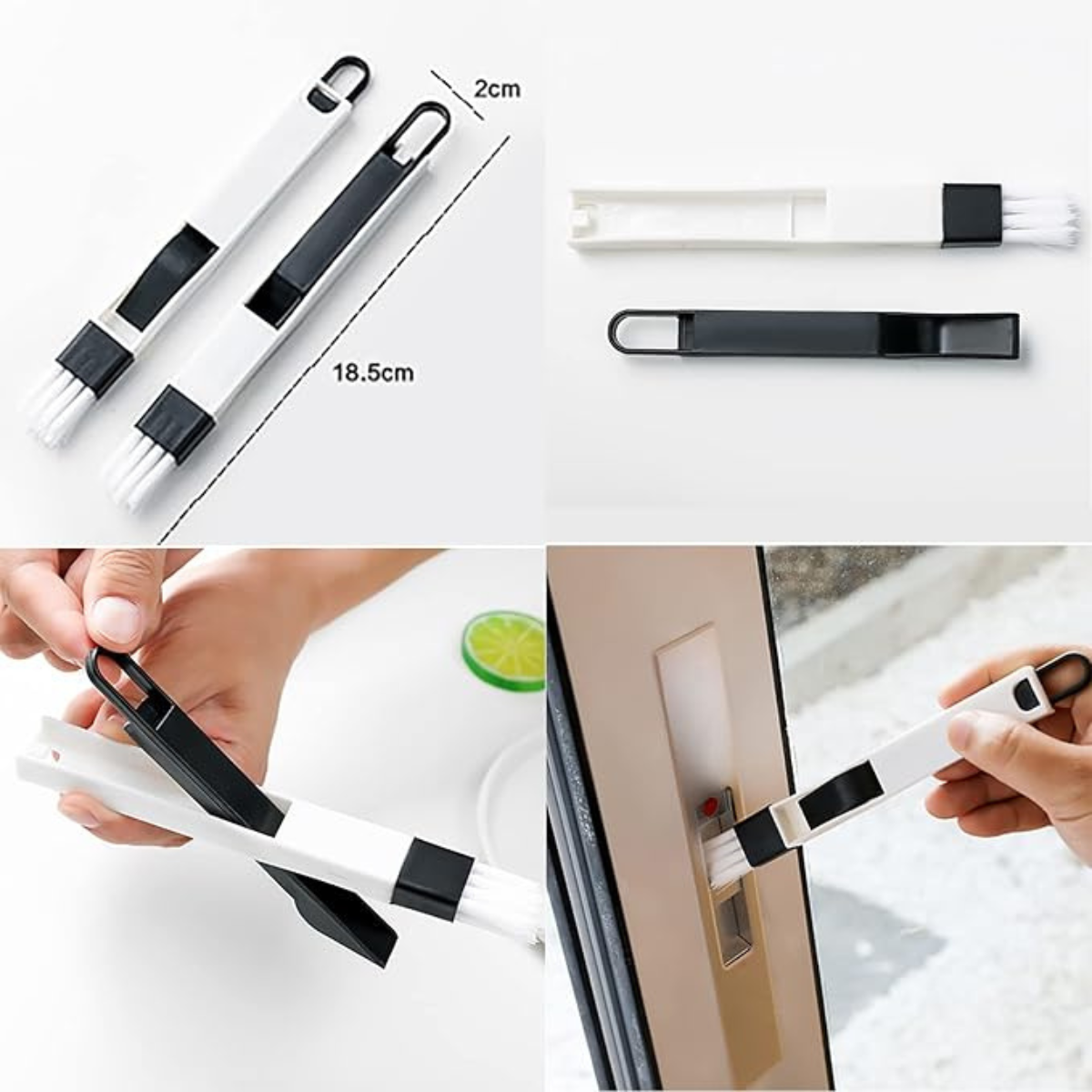 Window groove cleaning brush set includes slim detail brushes with measured dimensions. Designed for cleaning small crevices like window rails and door tracks.