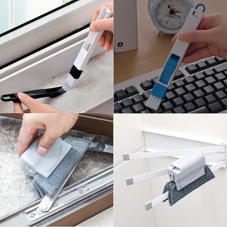 Window groove cleaning brush set being used to clean window tracks and keyboard gaps. Compact brushes designed for tight spaces and detailed cleaning.