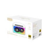 Portable Bluetooth speaker packaging box with product image and features. Box highlights wireless charging and Hi-Fi sound.