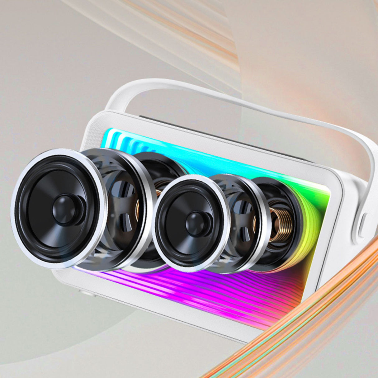 Portable Bluetooth speaker showing internal speaker drivers and components. Transparent view highlights audio structure and design.