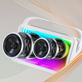Portable Bluetooth speaker showing internal speaker drivers and components. Transparent view highlights audio structure and design.