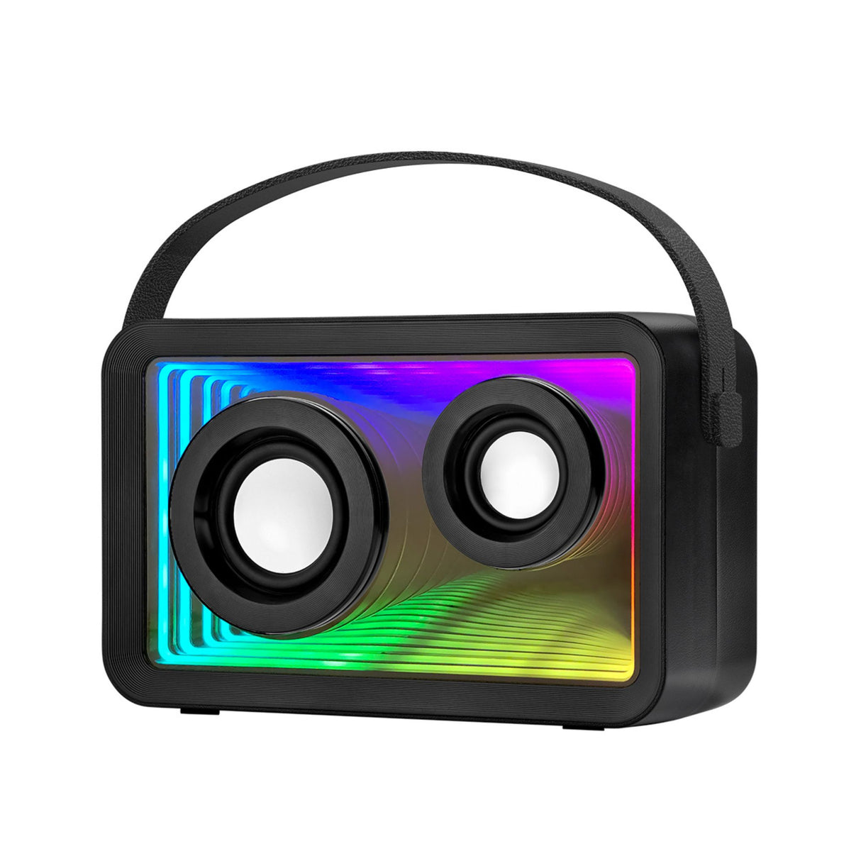 Portable Bluetooth speaker in black with colorful RGB lighting and dual speakers. Modern wireless speaker with built-in handle.