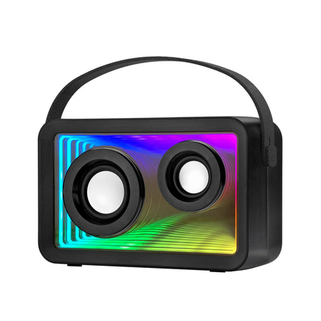 Portable Bluetooth speaker in black with colorful RGB lighting and dual speakers. Modern wireless speaker with built-in handle.