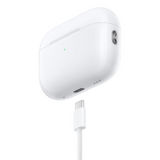 Wireless earbuds charging case with USB-C port, angled side view