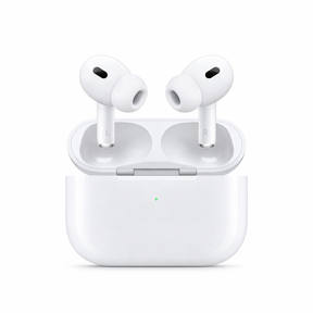 Wireless earbuds in open charging case, clean front view design