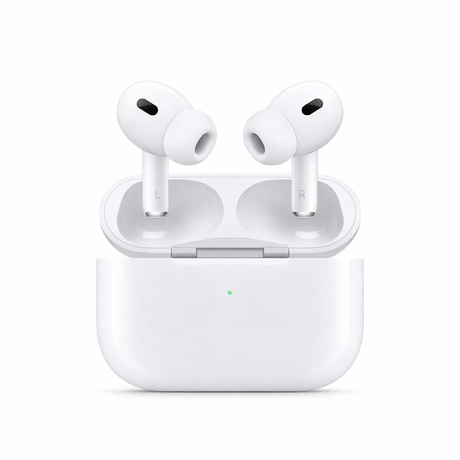 Wireless earbuds in open charging case, clean front view design