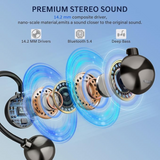 Wireless open ear Bluetooth earbuds featuring 14.2mm drivers, Bluetooth 5.4, and deep bass stereo sound performance.
