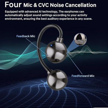 Wireless open ear Bluetooth earbuds with four mic CVC noise cancellation technology for clear calls and enhanced audio experience.