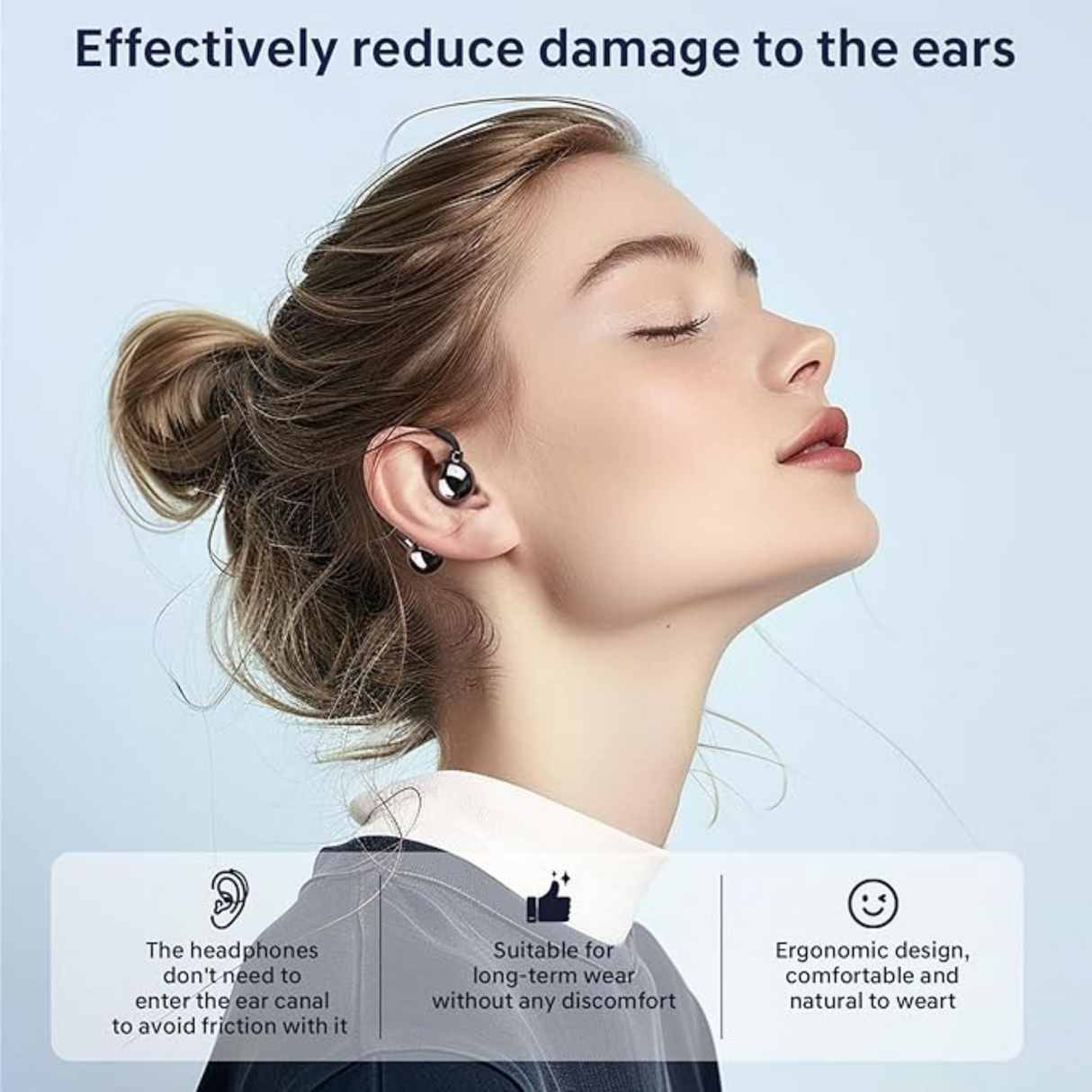 Wireless open ear Bluetooth earbuds worn by user showing ergonomic fit and comfortable long-term wear without ear canal pressure.