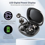 Wireless open ear Bluetooth earbuds with LED digital power display showing battery levels for earbuds and charging case.