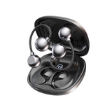 Wireless open ear Bluetooth earbuds in charging case with sleek metallic design and ergonomic ear hook structure.