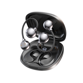 Wireless open ear Bluetooth earbuds in charging case with sleek metallic design and ergonomic ear hook structure.