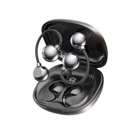 Wireless open ear Bluetooth earbuds in charging case with sleek metallic design and ergonomic ear hook structure.