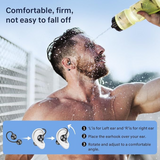 Wireless open ear Bluetooth earbuds with secure fit design, resistant to falling off during workouts and outdoor activities.