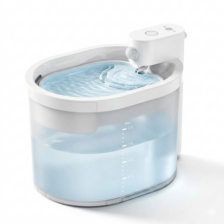 An angled image a white 2L cat water fountain featuring a semi-transparent tank and clear volume markings. This wireless dispenser shows clean water ripples in a minimalist, high-angle view.